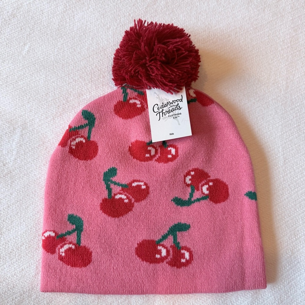 NWT Cedarwood Threads youth pink/ red cherry 🍒 beanie with Pom-pom ages 4+